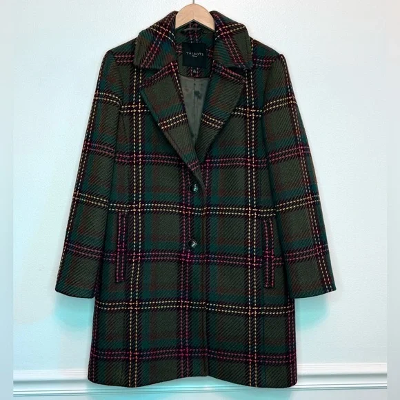Talbots Wool Blend Olive Green Plaid Coat Petite Medium Like New - Picture 4 of 13